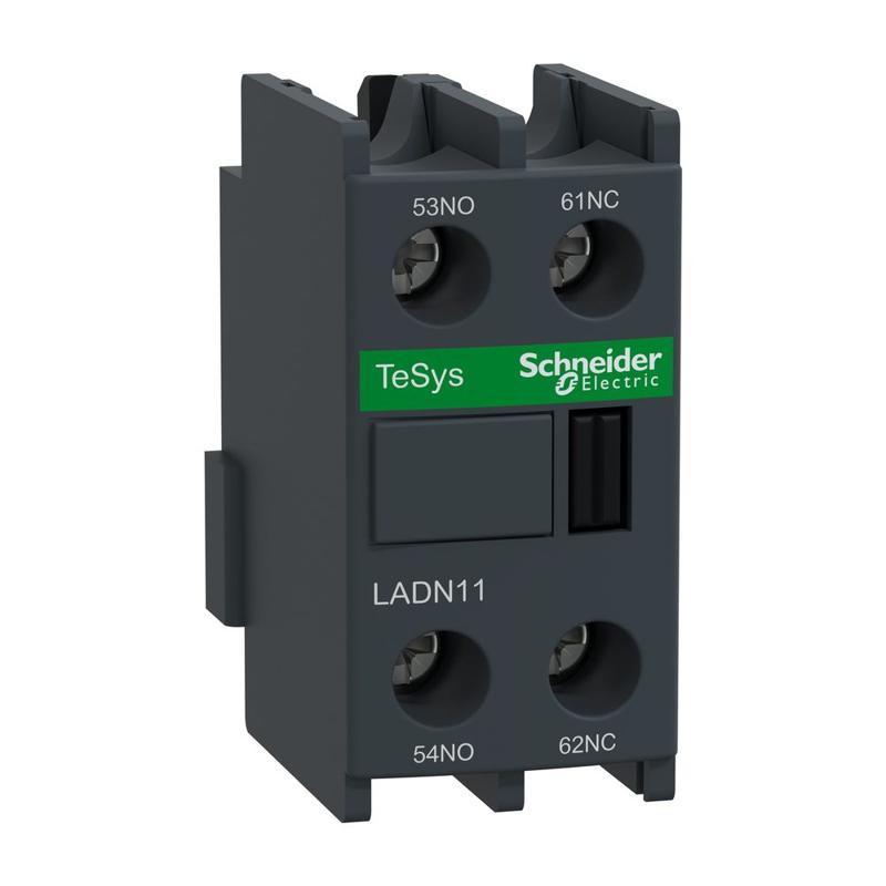Schneider Electric Auxiliary contact block, TeSys D, 1NO + 1NC, front mounting, screw terminals, manufacturer catalog image