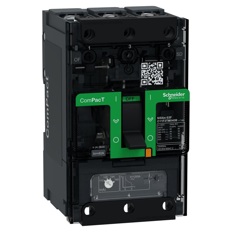 Schneider Electric ComPacT NSXm circuit breaker, 3P, 40 A, TMD, 36 kA at 415 V AC, lugs/busbars, manufacturer catalog image