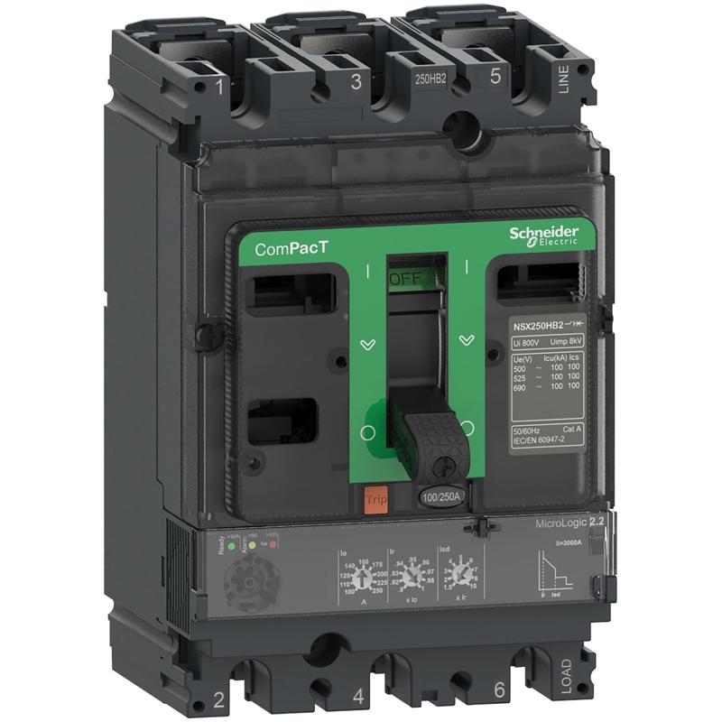 Schneider Electric Circuit breaker, ComPacT NSX100N, 50kA/415VAC, 3 poles, MicroLogic 2.2 trip unit 100A, manufacturer catalog image