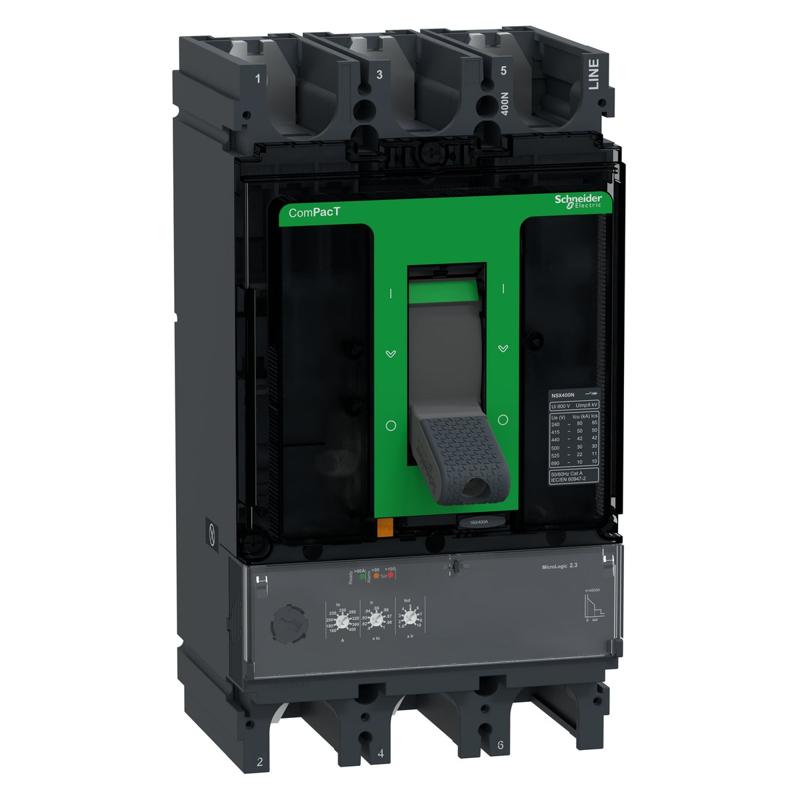 Schneider Electric Circuit breaker, ComPacT NSX400N, 50kA/415VAC, 3 poles, MicroLogic 2.3 trip unit 400A, manufacturer catalog image