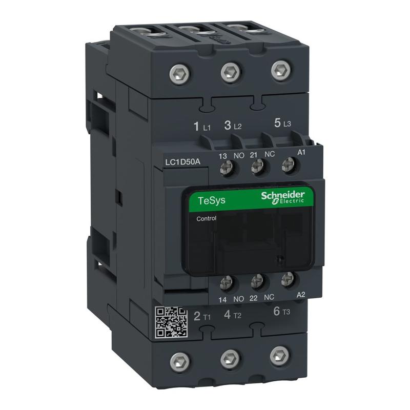 Schneider Electric TeSys D contactor - 3P(3 NO) - AC-3 - <= 440 V 50 A - 220 V AC 50/60 Hz coil, manufacturer catalog image