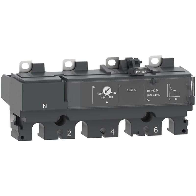 Schneider Electric trip unit TM160D for ComPacT NSX 160/250 circuit breakers, thermal magnetic, rating 160 A, 4 poles 3d, manufacturer catalog image