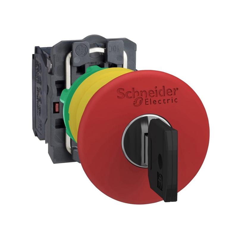 Schneider Electric Emergency stop switching off, plastic, red mushroom Ø40, Ø22 trigger latching key release, 1 NO + 1 NC, manufacturer catalog image