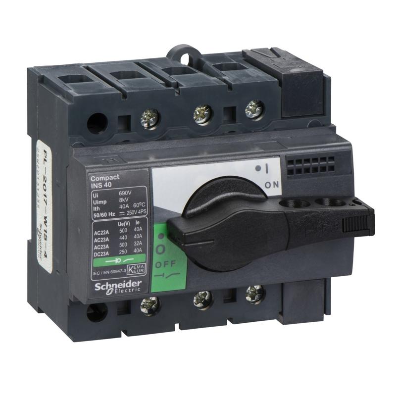 Schneider Electric switch disconnector, Compact INS40 , 40 A, standard version with black rotary handle, 3 poles, manufacturer catalog image