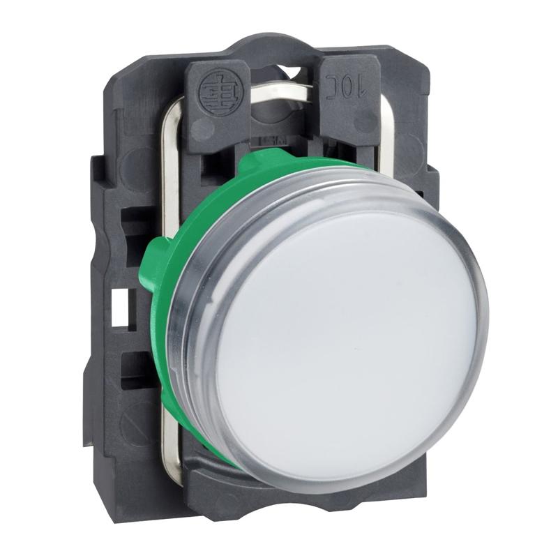 Schneider Electric Pilot light, Harmony XB5, grey plastic, white, 22mm, universal LED, plain lens, 230...240V AC, manufacturer catalog image
