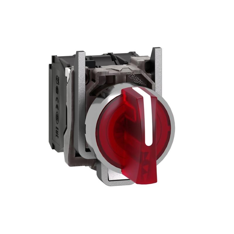 Schneider Electric Illuminated selector switch, Harmony XB4, metal, red handle, 22mm, universal LED, 3 positions, 1NO + 1NC, 24V AC/DC, manufacturer catalog image