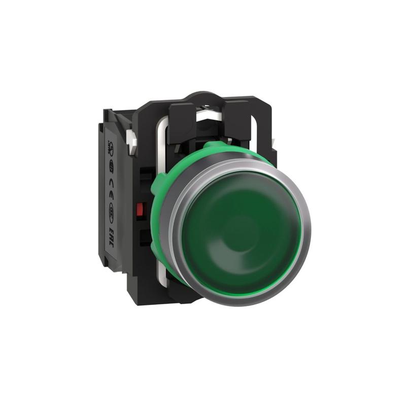Schneider Electric Illuminated push button, plastic, flush, green, Ø22, spring return, 230...240 V AC, 1 NO + 1 NC, manufacturer catalog image