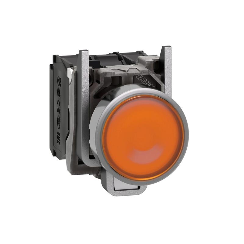 Schneider Electric Harmony XB4, Illuminated push button, metal, flush, orange, Ø22, spring return, 1 NO + 1 NC 24 V AC/DC, manufacturer catalog image