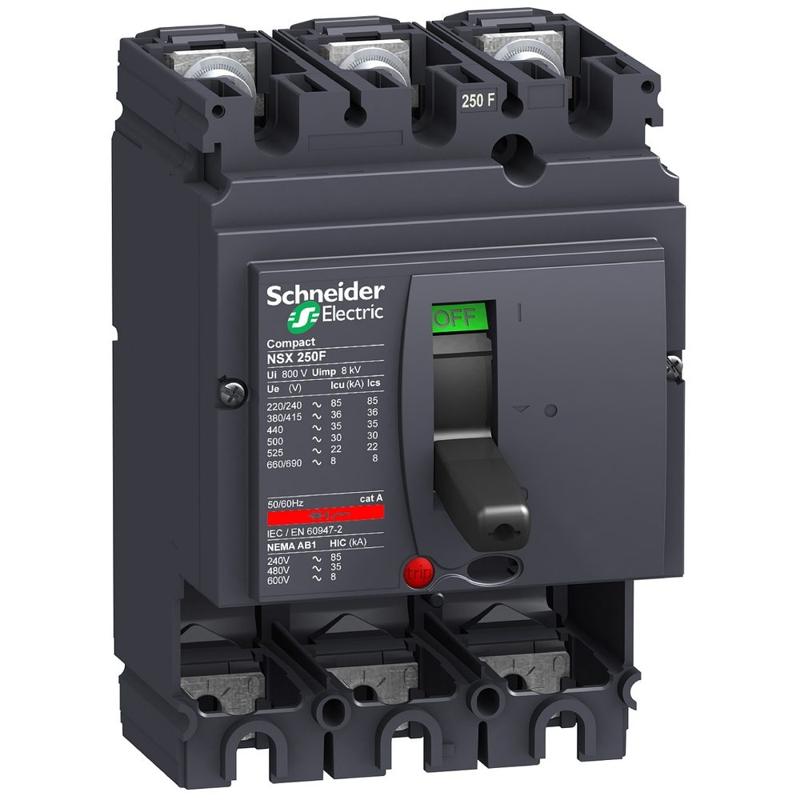 Schneider Electric circuit breaker basic frame, ComPact NSX250F, 36 kA at 415 VAC 50/60 Hz, 250 A, without trip unit, 3 poles, manufacturer catalog image
