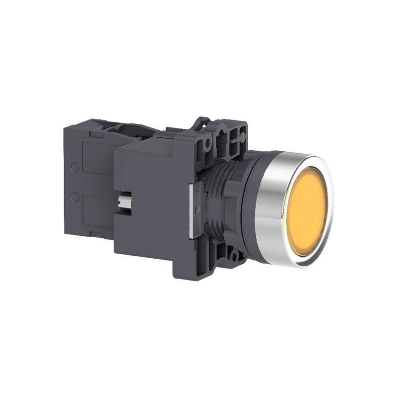 Schneider Electric yellow flush complete illum push-button - Ø22 - flush - 24V AC/DC - 1NO, manufacturer catalog image