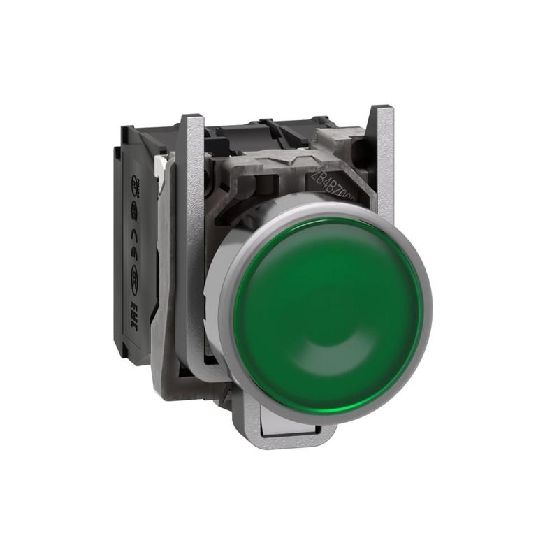 Schneider Electric Harmony XB4, Illuminated push button, metal, flush, green, Ø22, spring return, 1 NO + 1 NC 24 V AC/DC, manufacturer catalog image