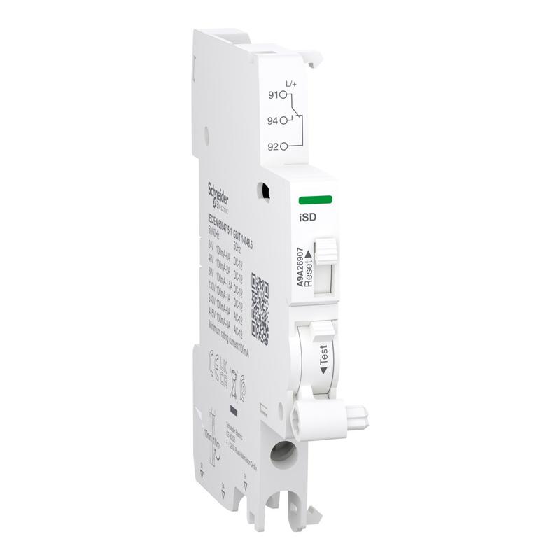 Schneider Electric Auxiliary contact, Acti9 A9A, iSD, 1 C/O, 100mA to 6A, 24VAC to 415VAC, 24VDC to 130VDC, bottom connection, manufacturer catalog image
