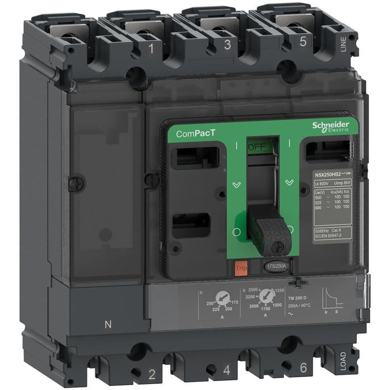 Schneider Electric Circuit breaker, ComPacT NSX100F, 36kA/415VAC, 4 poles 3D (neutral not protected), TMD trip unit 32A, manufacturer catalog image