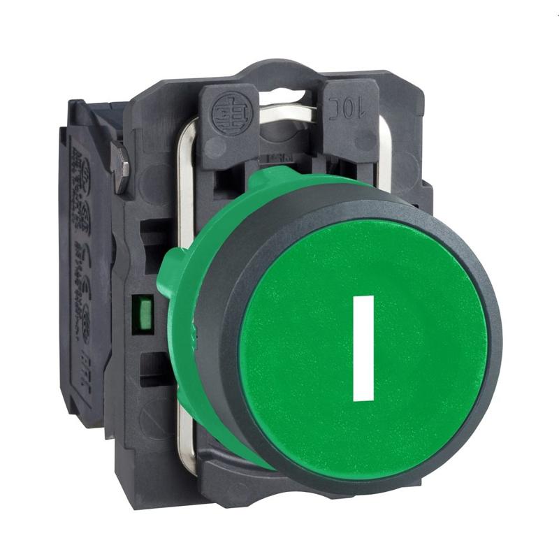 Schneider Electric Push button, plastic, flush, green, Ø22, spring return, marked I, 1 NO, manufacturer catalog image