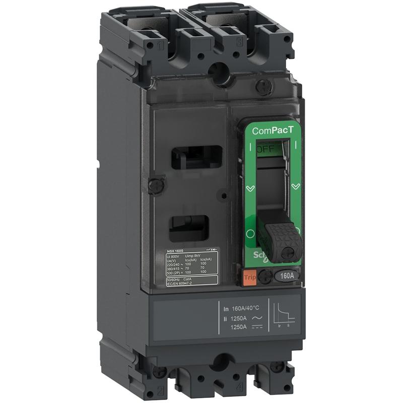 Schneider Electric Circuit breaker, ComPacT NSX160M AC/DC, 25kA/415VAC, 2 poles, TMD trip unit 125A, manufacturer catalog image