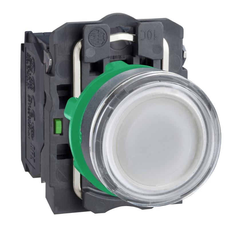 Schneider Electric Illuminated push button, Harmony XB5, plastic, white flush, 22mm, universal LED, plain lens, 1NO + 1NC, 230...240V AC, manufacturer catalog image