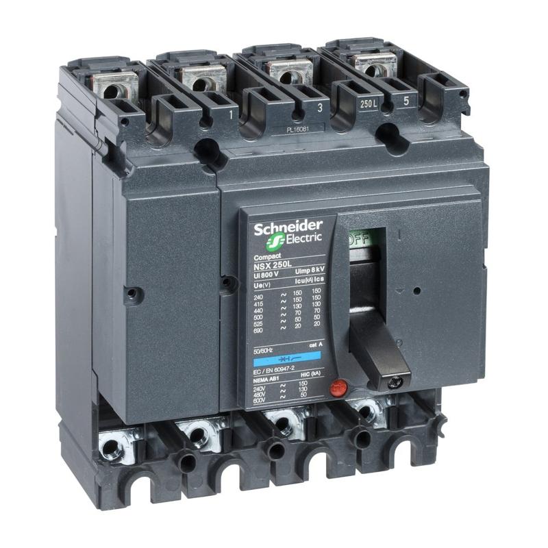 Schneider Electric circuit breaker basic frame, ComPact NSX250B, 25 kA at 415 VAC 50/60 Hz, 250 A, without trip unit, 4 poles, manufacturer catalog image