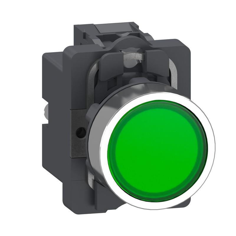 Schneider Electric Complete illuminated push button, Easy Harmony XA2, plastic head, 22mm, green, 1NO, AC 220V, spring return, manufacturer catalog image