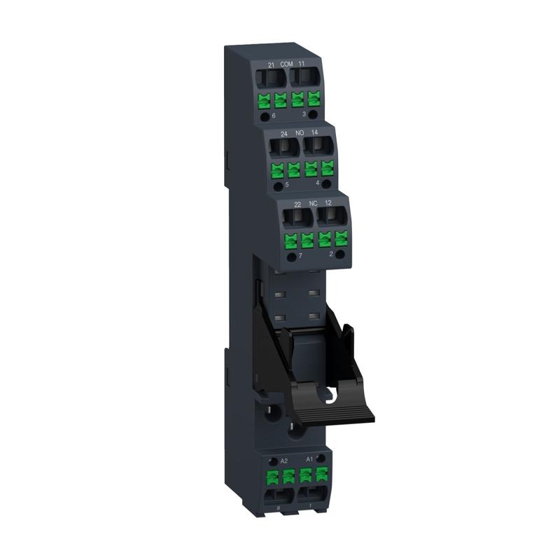 Schneider Electric Push in socket with clamp, Harmony Electromechanical Relays, for RSB1A160 RSB2A080 relays, 10A, push in terminals, separate contact, manufacturer catalog image