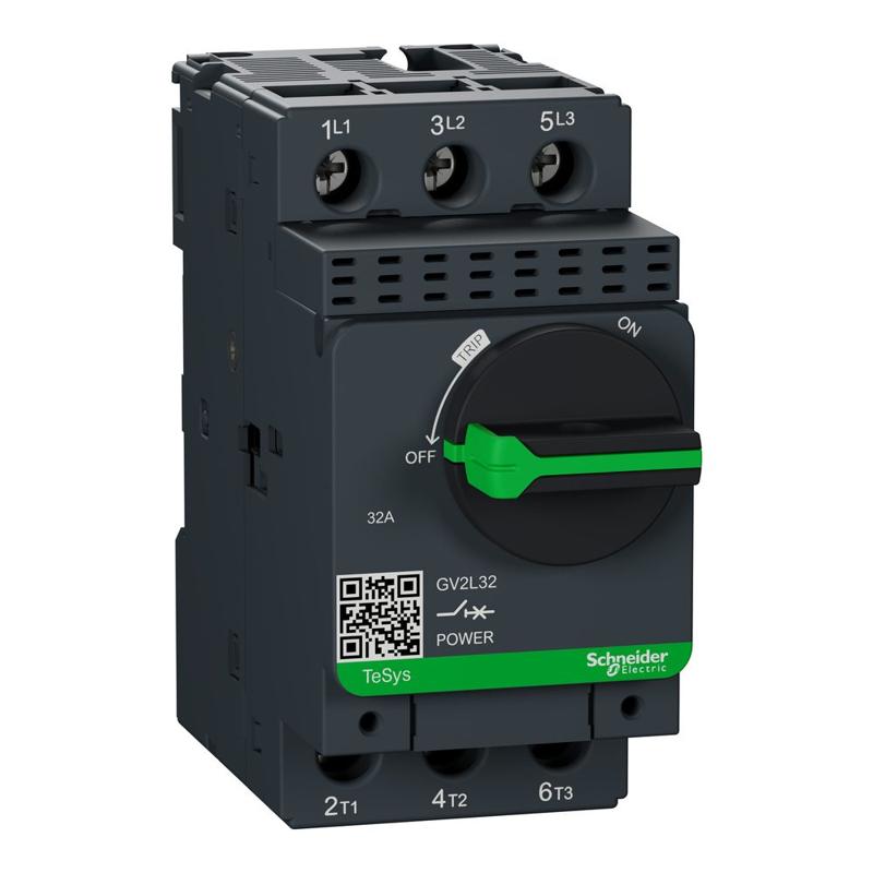 Schneider Electric Motor circuit breaker, TeSys GV2, 3P, 32 A, magnetic, rotary handle, screw clamp terminals, manufacturer catalog image