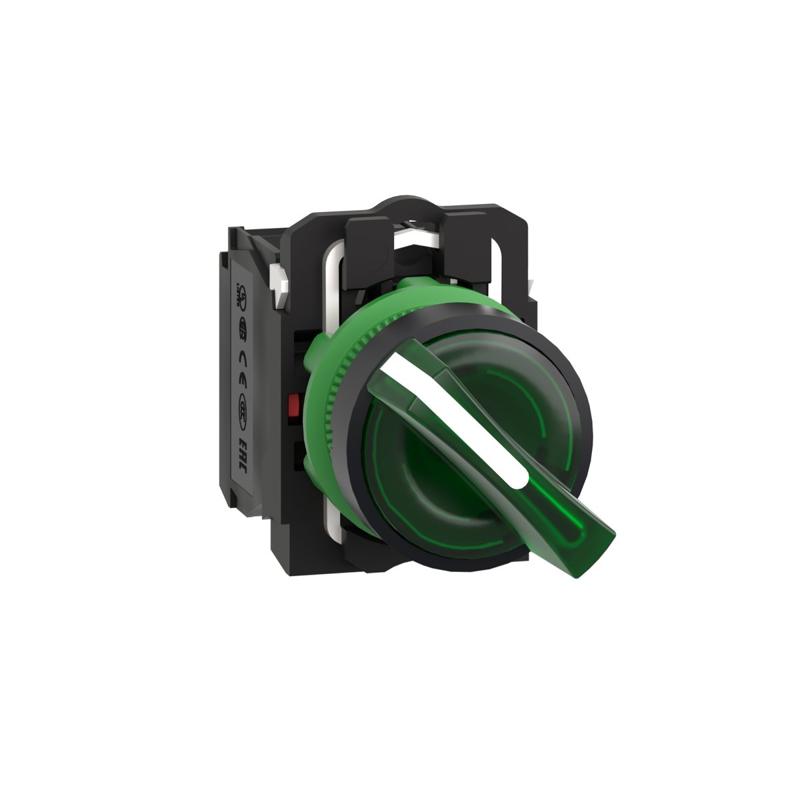 Schneider Electric illuminated selector switch, Harmony XB5, grey plastic, green handle, 22mm, universal LED, 2 positions, 1NO + 1NC, 230...240V AC, manufacturer catalog image