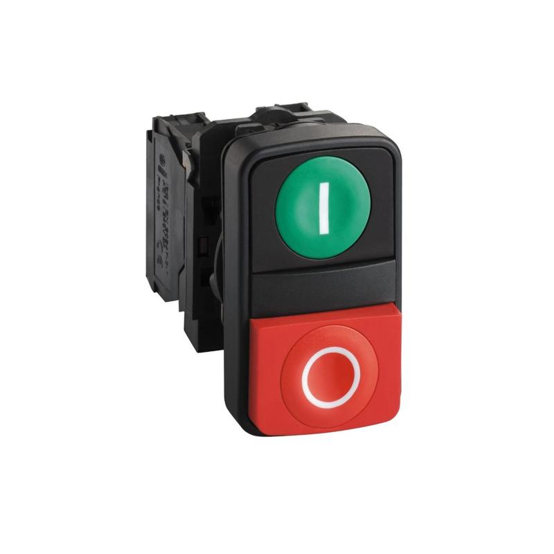 Schneider Electric Double-headed push button, plastic, Ø22, 1 green flush marked I + 1 red projecting marked O, 1 NO + 1 NC, manufacturer catalog image