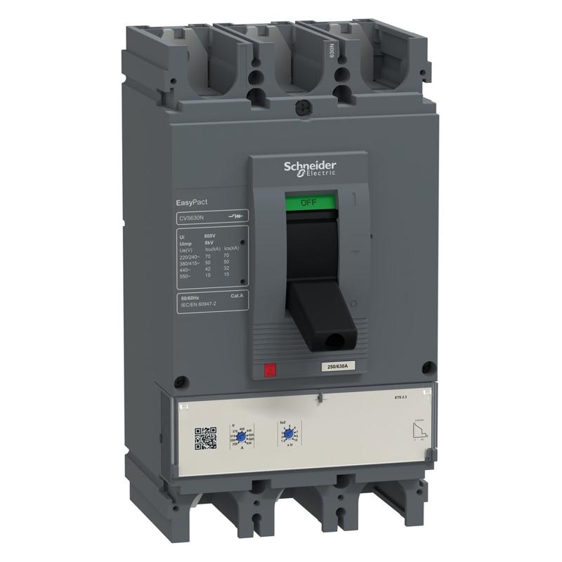 Schneider Electric circuit breaker EasyPact CVS630N, 50 kA at 415 VAC, 630 A rating ETS 2.3 electronic trip unit, 3P 3d, manufacturer catalog image