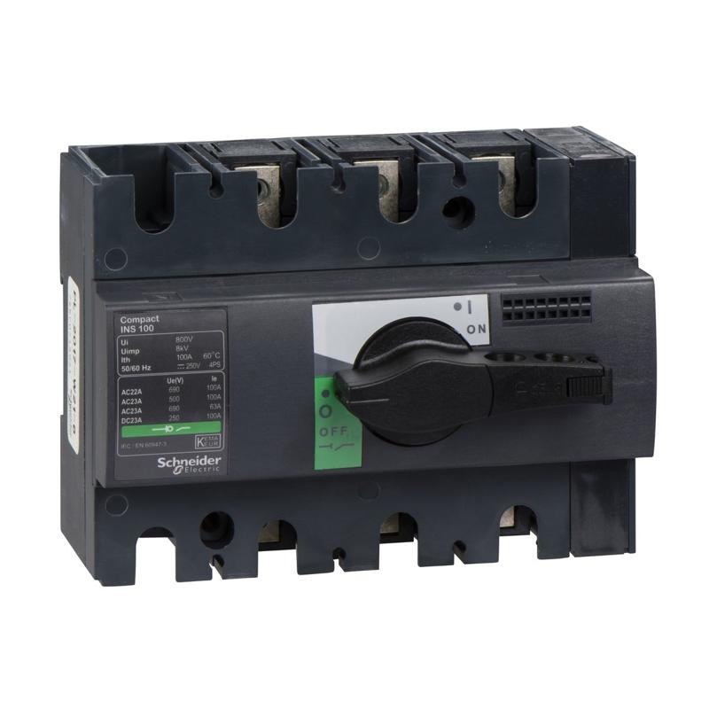 Schneider Electric switch disconnector, Compact INS100 , 100 A, standard version with black rotary handle, 3 poles, manufacturer catalog image
