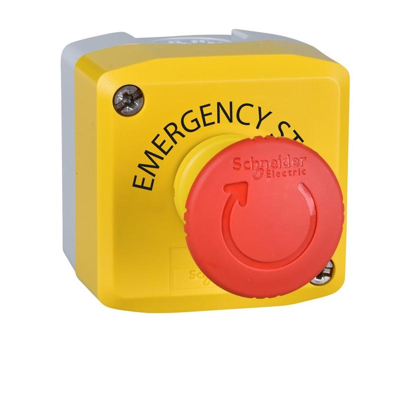 Schneider Electric Control station, Harmony, plastic, yellow, 1 red mushroom head push button 40mm, emergency stop turn to release, 1 NC, legend holder EMERGENCY STOP, manufacturer catalog image