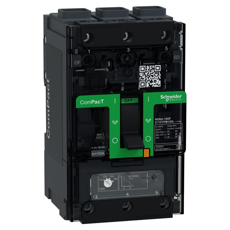 Schneider Electric Circuit breaker, ComPacT NSXm 160F, 36kA/415VAC, 3 poles, TMD trip unit 100A, EverLink lugs, manufacturer catalog image