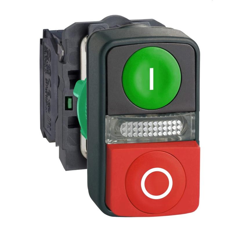 Schneider Electric Harmony XB5, Illuminated double-headed push button, plastic, Ø22, 1 green flush I + 1 pilot light + 1 red projecting O, 1 NO + 1 NC, manufacturer catalog image
