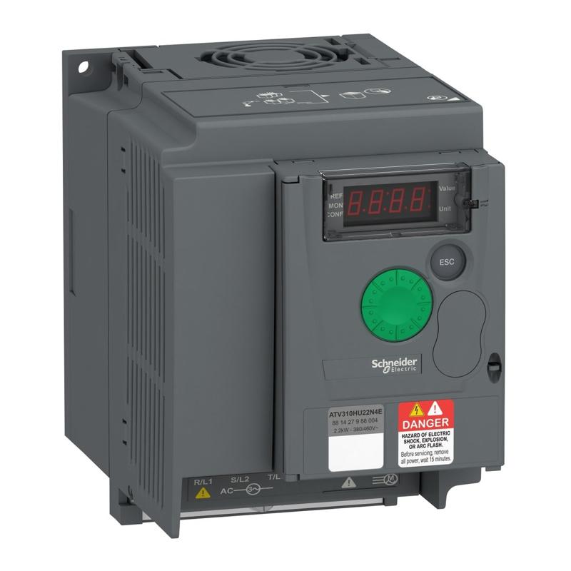 Schneider Electric variable speed drive, Easy Altivar 310, heavy duty, 2.2kW, 3hp, 380 to 460V, without EMC, manufacturer catalog image