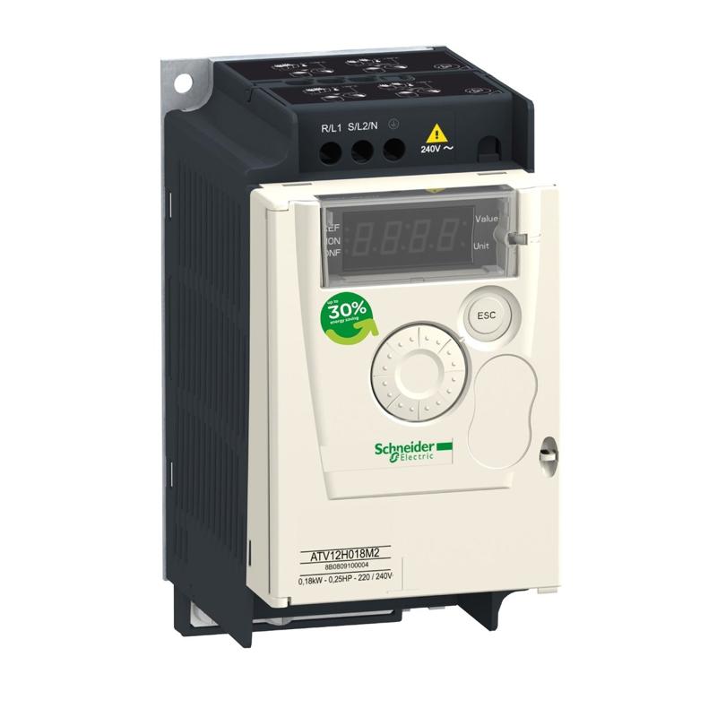 Schneider Electric variable speed drive, Altivar 12, 0.18kW, 0.25hp, 200 to 240V, 1 phase, manufacturer catalog image