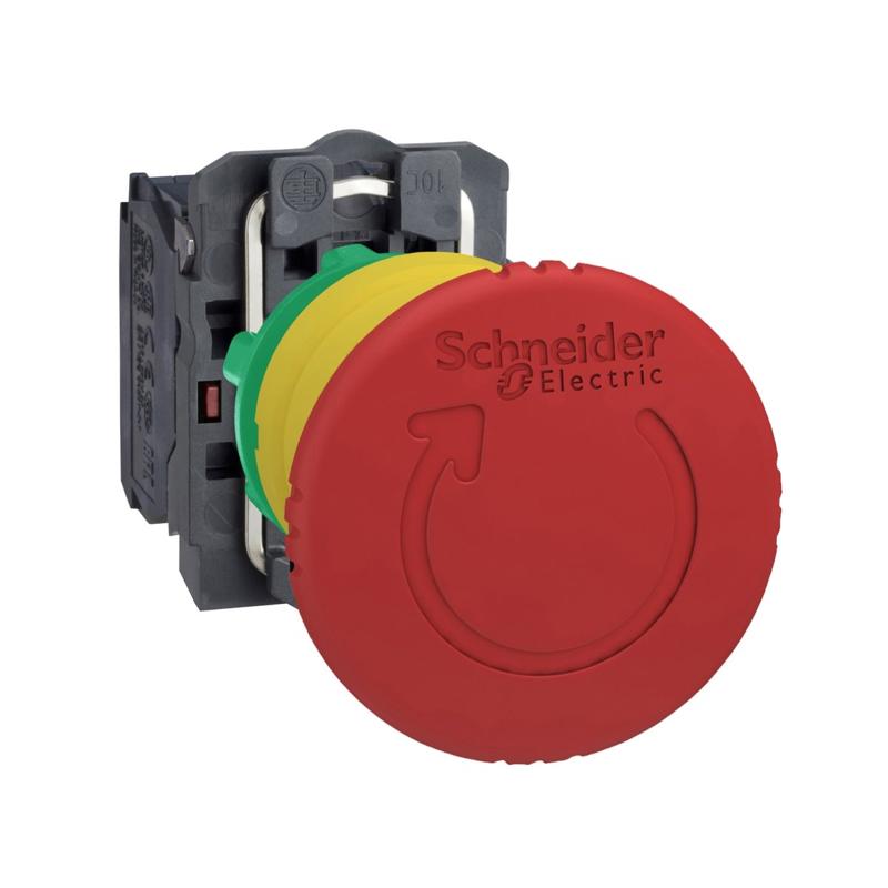 Schneider Electric Emergency stop switching off, plastic, red mushroom Ø40, Ø22, trigger latching turn to release, 1 NO + 1 NC, manufacturer catalog image