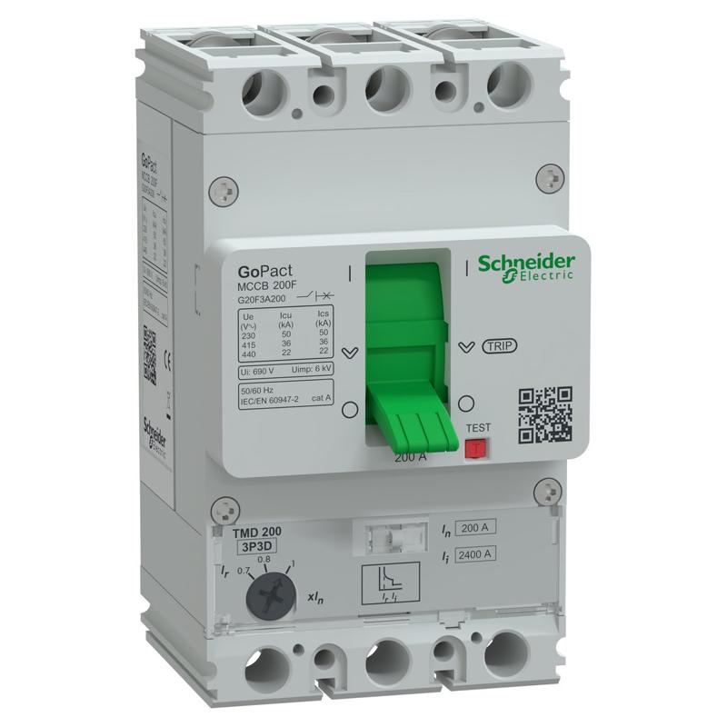 Schneider Electric GoPact MCCB 200 circuit breaker, 200 A at 40 °C, manufacturer catalog image
