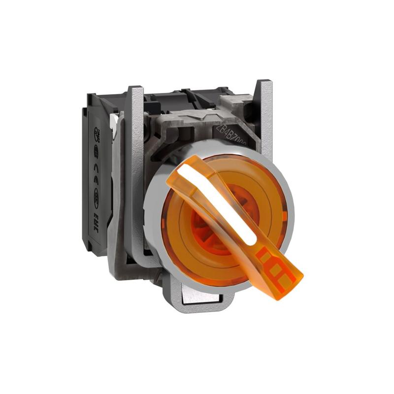 Schneider Electric Harmony XB4, Illuminated selector switch, metal, orange, Ø22, 2 positions, stay put, 24 V AC/DC, 1 NO + 1 NC, manufacturer catalog image