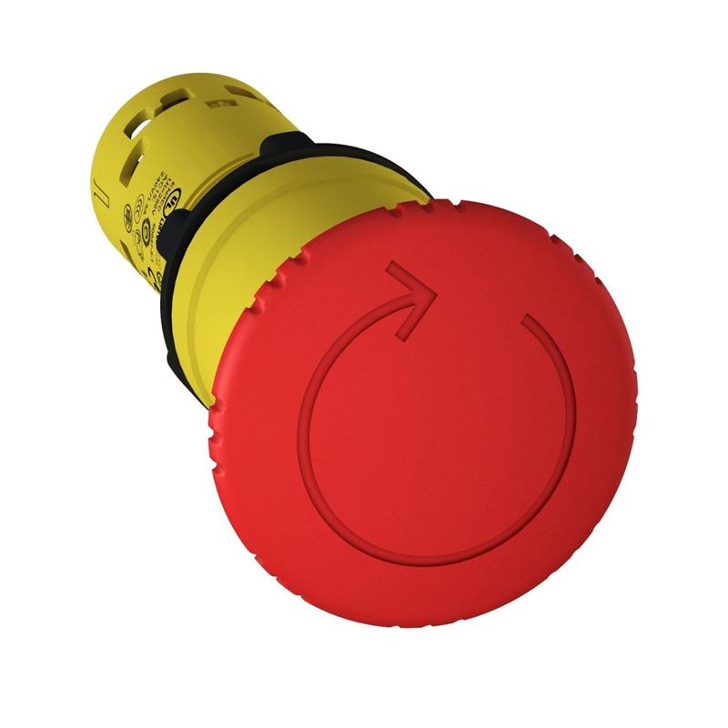 Schneider Electric Emergency stop Ø 22 - red - mushroom head Ø 40mm - turn to release - 1 NO + 1 NC, manufacturer catalog image