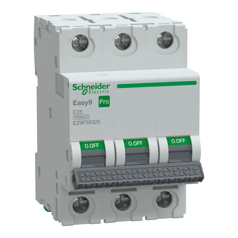 Schneider Electric Miniature Circuit Breaker(MCB), Easy9 Pro, 3P, 25A, C curve, 10000A(IEC/EN 60898-1), 10kA(IEC/EN 60947-2), manufacturer catalog image