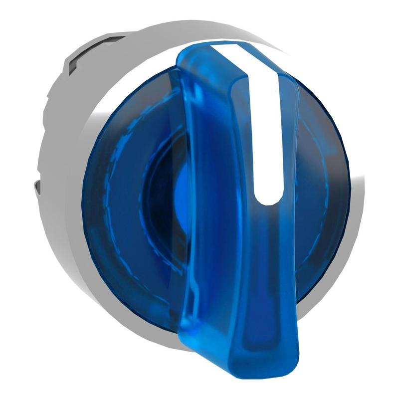 Schneider Electric blue illuminated selector switch head Ø22 3-position spring return, manufacturer catalog image