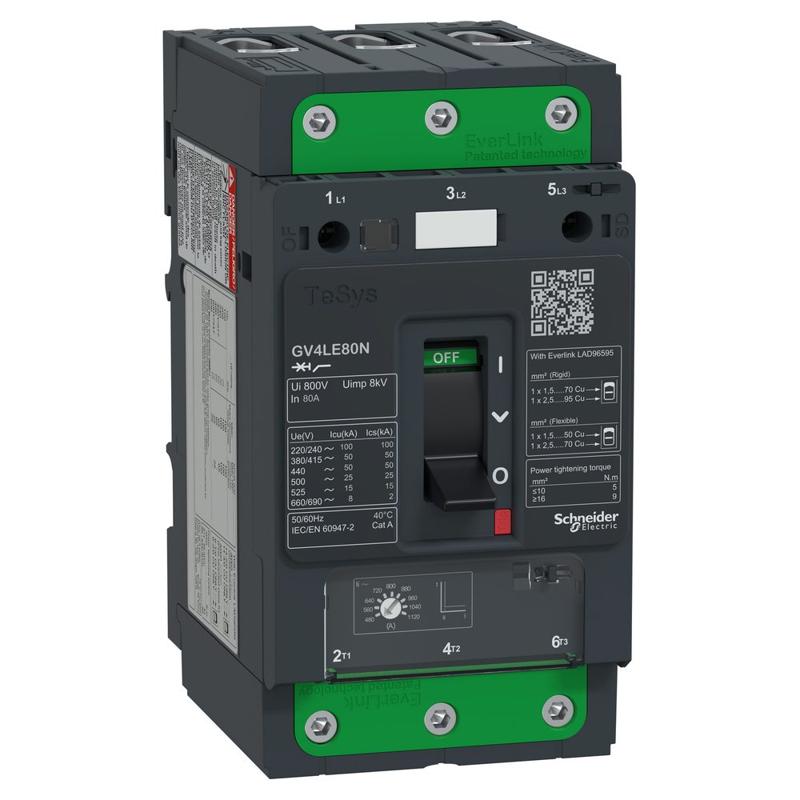 Schneider Electric Motor circuit breaker, TeSys GV4, 3P, 80 A, Icu 50 kA, magnetic, EverLink terminals, manufacturer catalog image