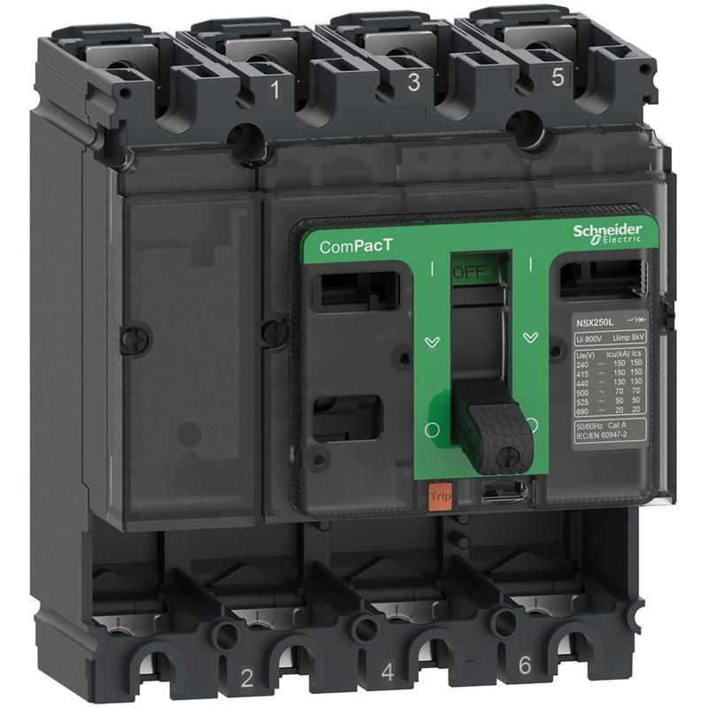 Schneider Electric Circuit breaker basic frame, ComPacT NSX100H, 70kA at 415VAC 50/60 Hz, 100A, without trip unit, 4 poles, manufacturer catalog image