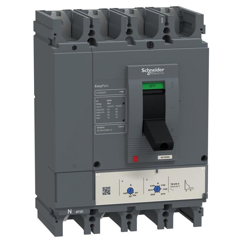 Schneider Electric circuit breaker EasyPact CVS630F, 36 kA at 415 VAC, 500 A rating thermal magnetic TM-D trip unit, 4P 3d, manufacturer catalog image