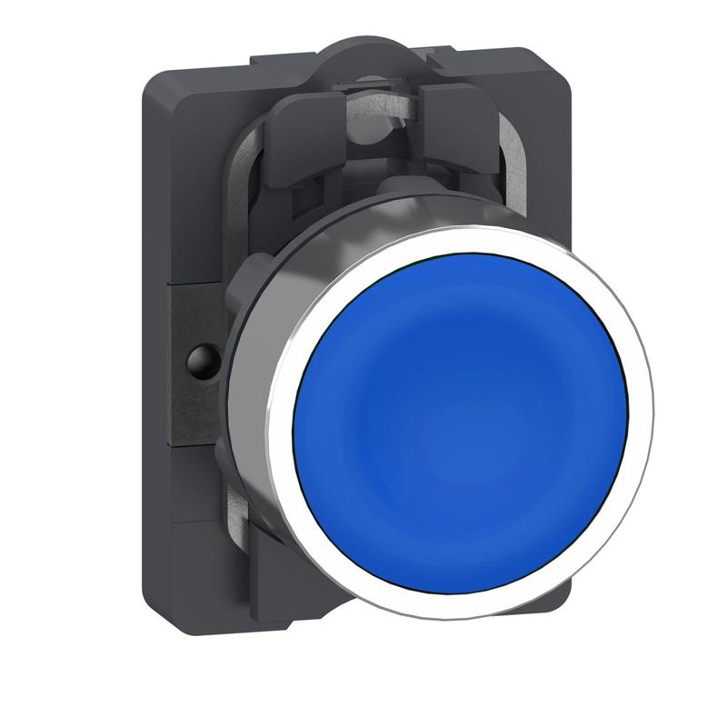 Schneider Electric Complete push button, Easy Harmony XA2, plastic head, 22mm, blue, 1NO, spring return, unmarked, manufacturer catalog image