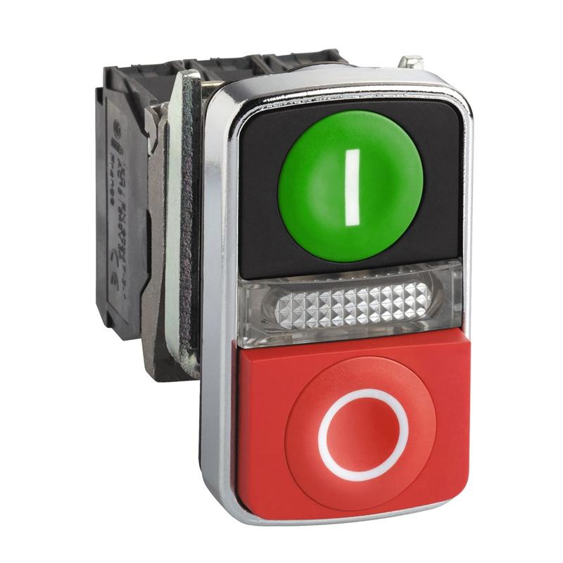 Schneider Electric green flush/red projecting illuminated double-headed pushbutton Ø22 1NO+1NC 240V, manufacturer catalog image