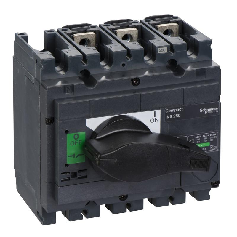 Schneider Electric switch disconnector, Compact INS250 , 250 A, standard version with black rotary handle, 3 poles, manufacturer catalog image