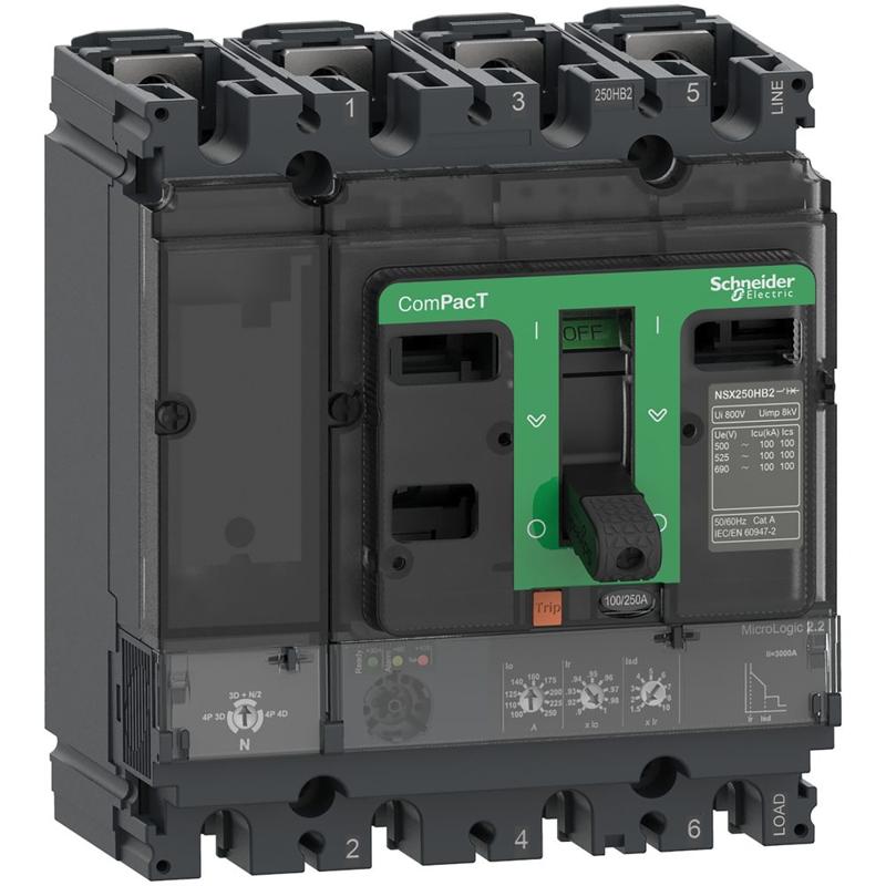 Schneider Electric Circuit breaker ComPacT NSX100F, 36kA at 415VAC, MicroLogic 2.2 trip unit 100A, 4 poles 4d, manufacturer catalog image