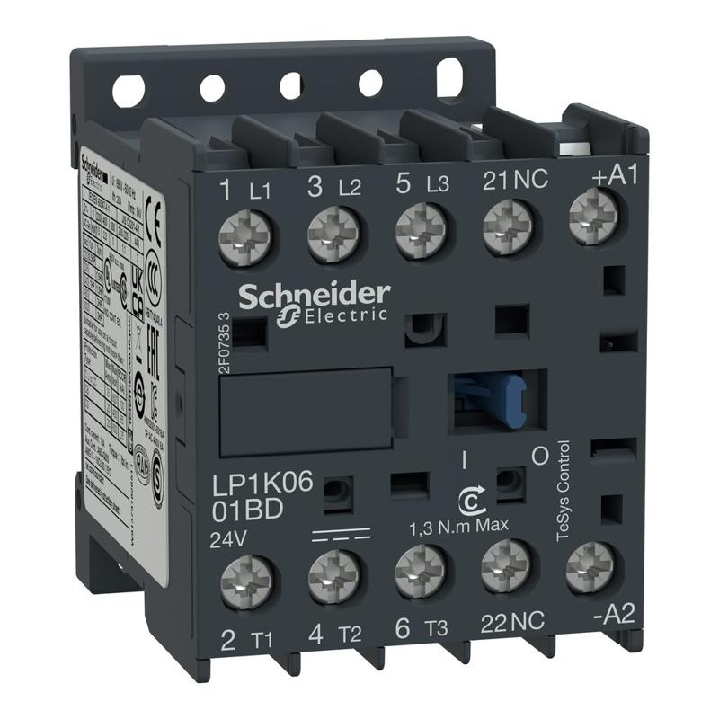 Schneider Electric TeSys K contactor - 3P - AC-3 <= 440 V 6 A - 1 NC aux. - 24 V DC coil, manufacturer catalog image