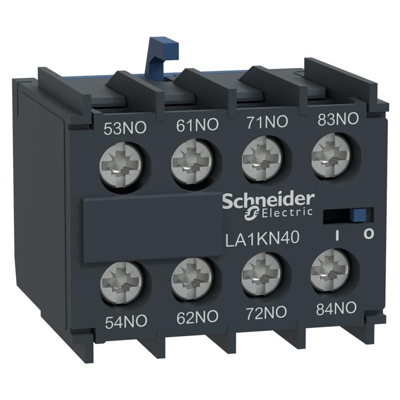 Schneider Electric Auxiliary contact block, TeSys K, 4NO, front mounting, screw clamp terminals, manufacturer catalog image