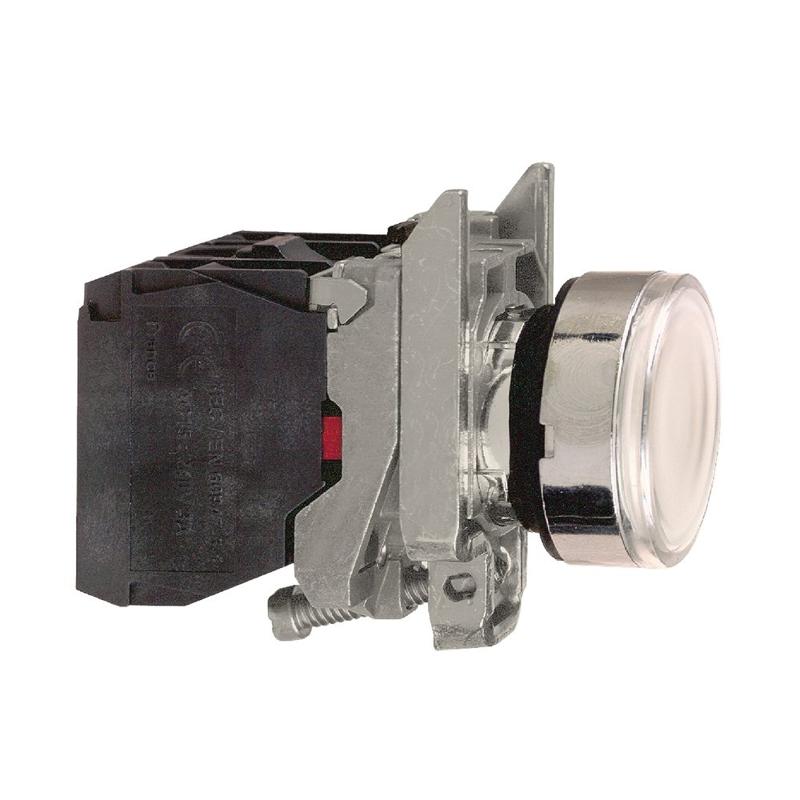 Schneider Electric Illuminated push button, metal, flush, white, Ø22, spring return, <= 250 V, 1 NO + 1 NC, manufacturer catalog image