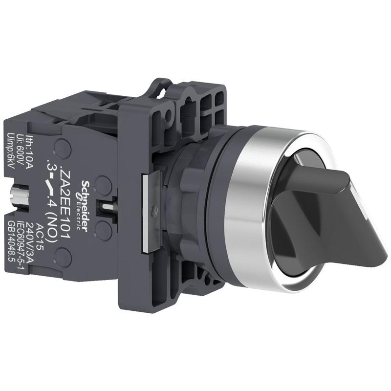 Schneider Electric Easy Harmony XA2E, Selector switch, plastic, black, Ø22, 3 positions, spring return to center, 2 NO, manufacturer catalog image